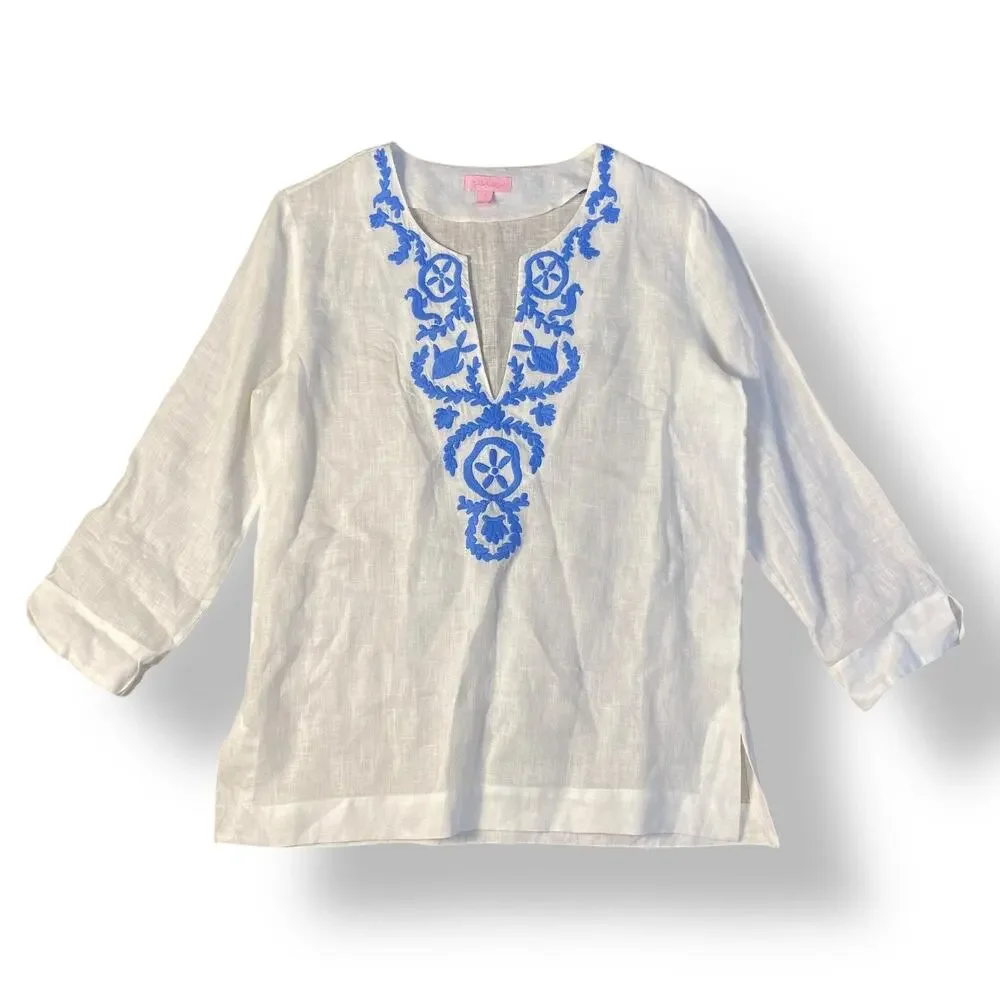 Lilly Pulitzer Amelia Island White Blue Linen Tunic Top Size Small Coastal - Picture 1 of 9